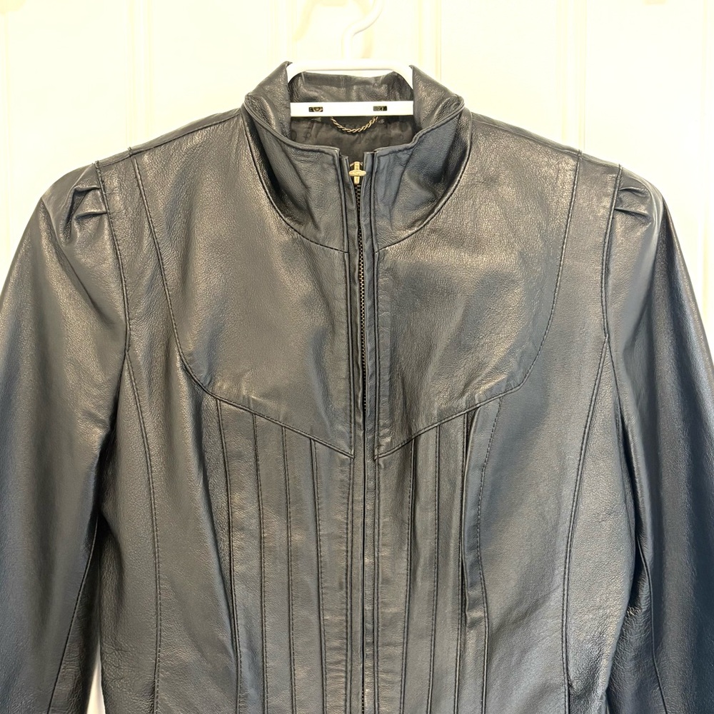 Guess Black Leather Ribbed Jacket | S - Picture 7 of 10
